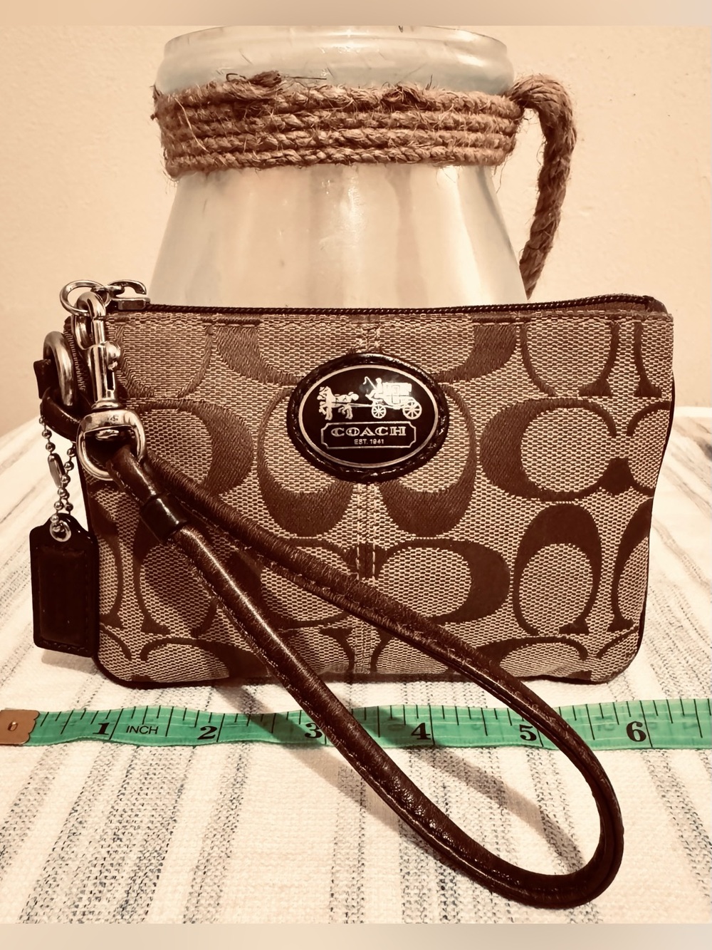 COACH Heritage Signature C Wristlet Chocolate Brown EUC